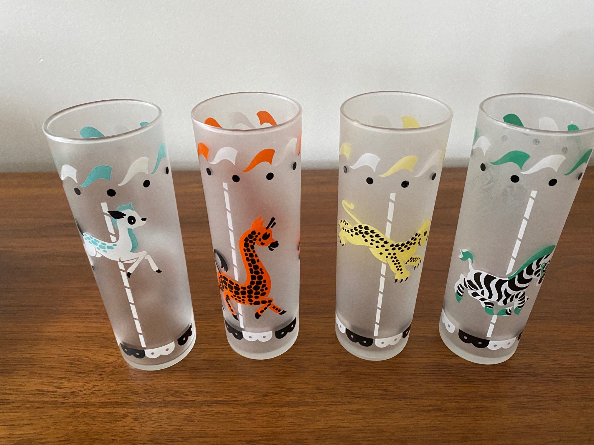 Complete set of 8 vintage Libbey Frosted Carousel Carnival theme Highball - Cook Street Vintage
