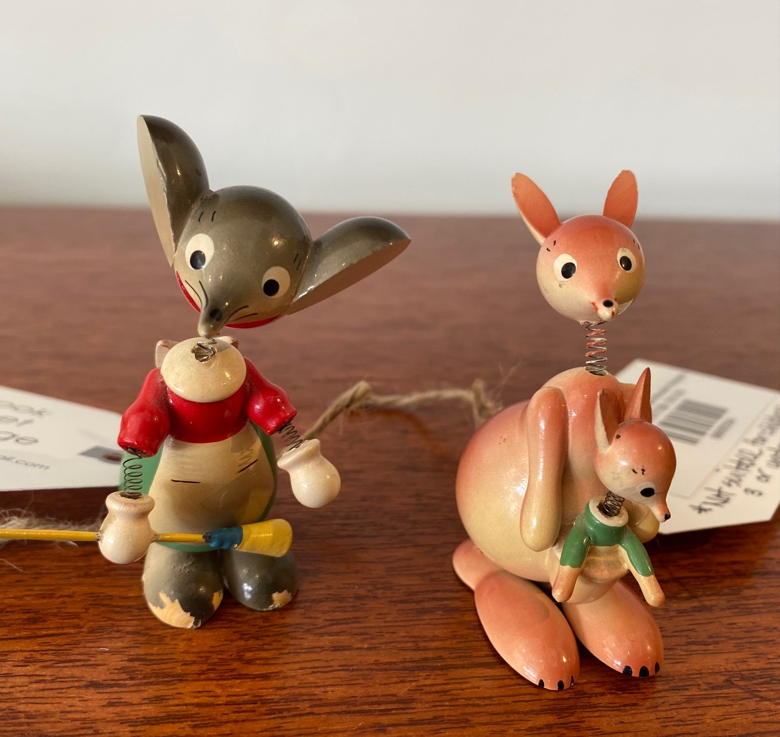Vintage Spanish Bobble Head Wooden Kangaroo with cleaning mouse- Cook Street Vintage