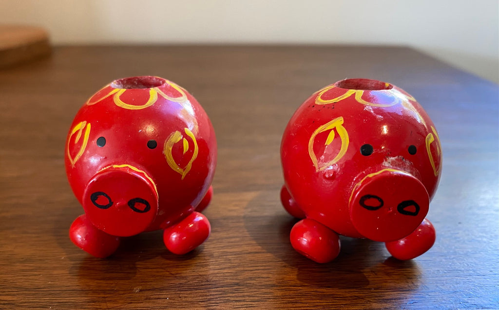 Swedish Painted Wood Pig Candle Holders- Cook Street Vintage