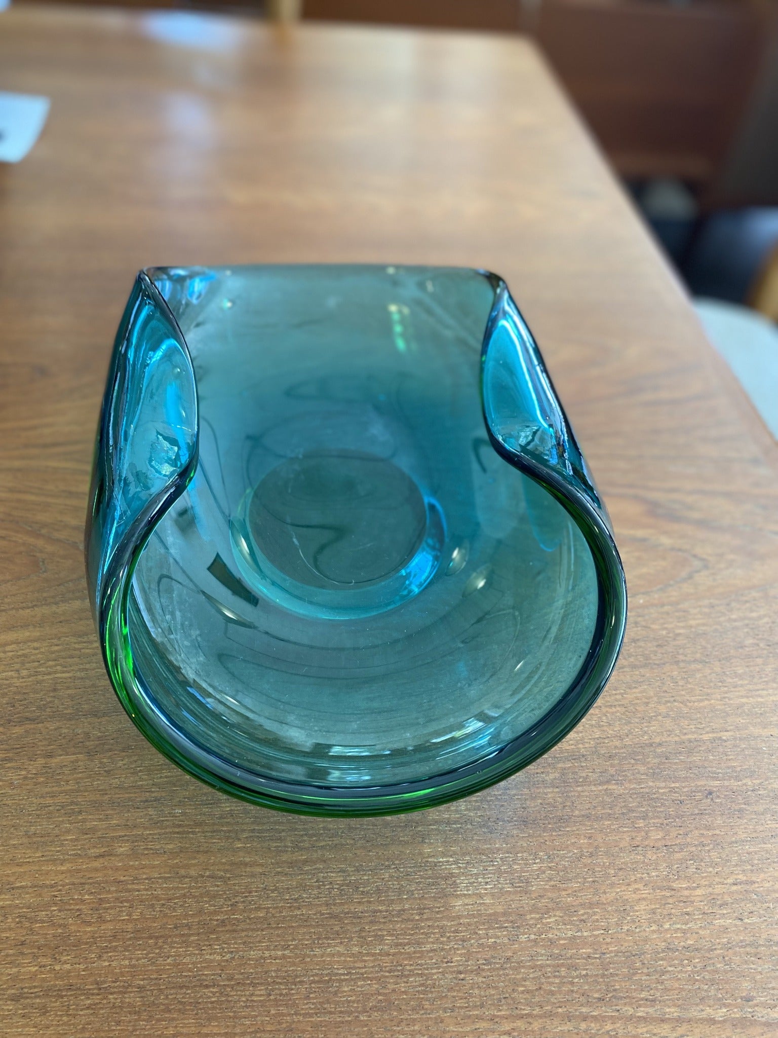 Aquamraine blue green folded wave edge art glass bowl- Cook Street Vintage