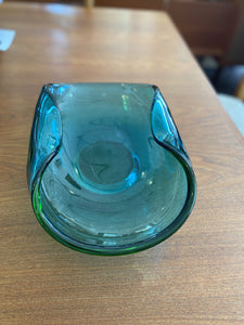 Aquamraine blue green folded wave edge art glass bowl- Cook Street Vintage
