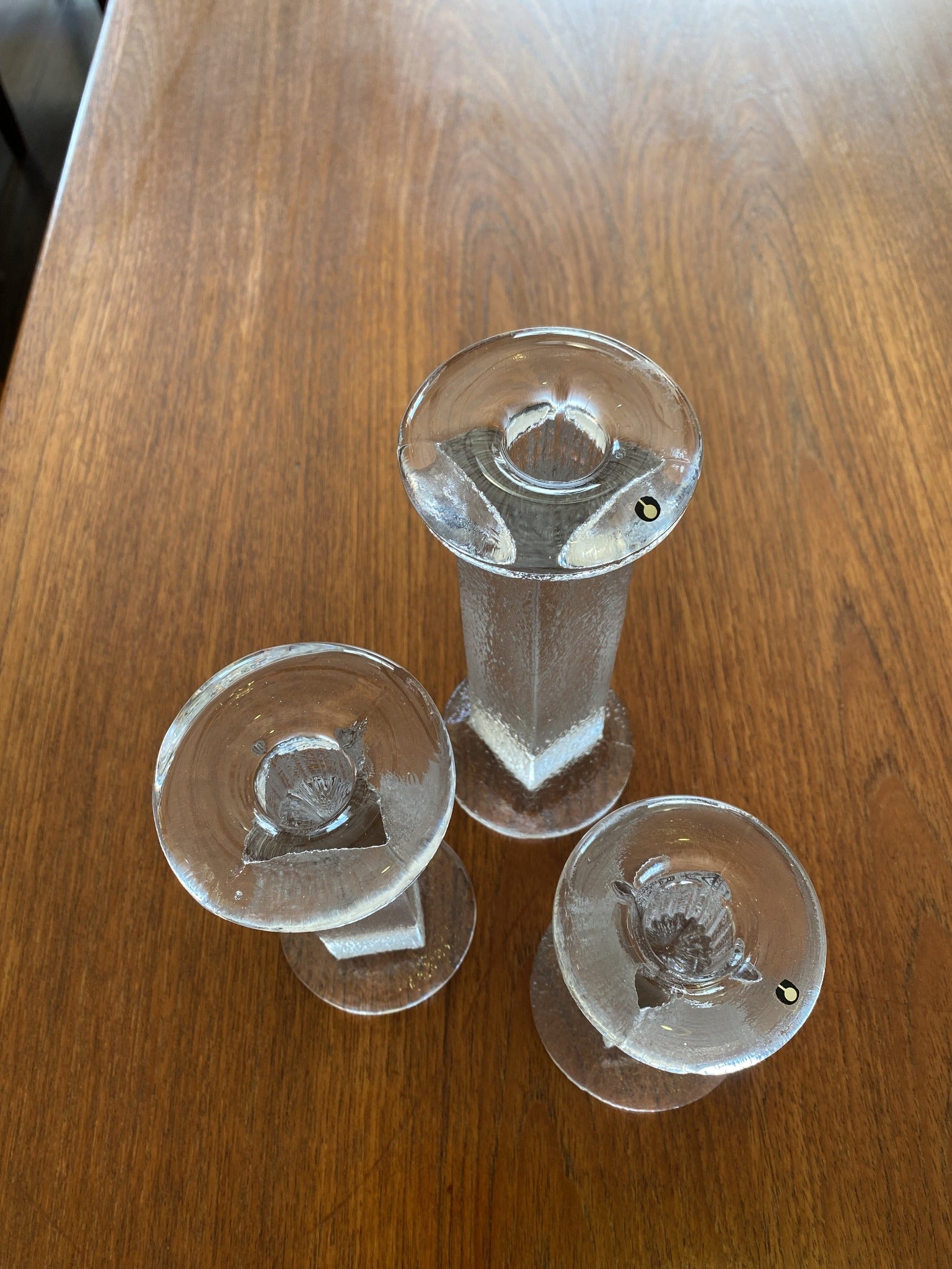Top view of trio of Swedish Pukeberg Glass Candleholders- Cook Street Vintage