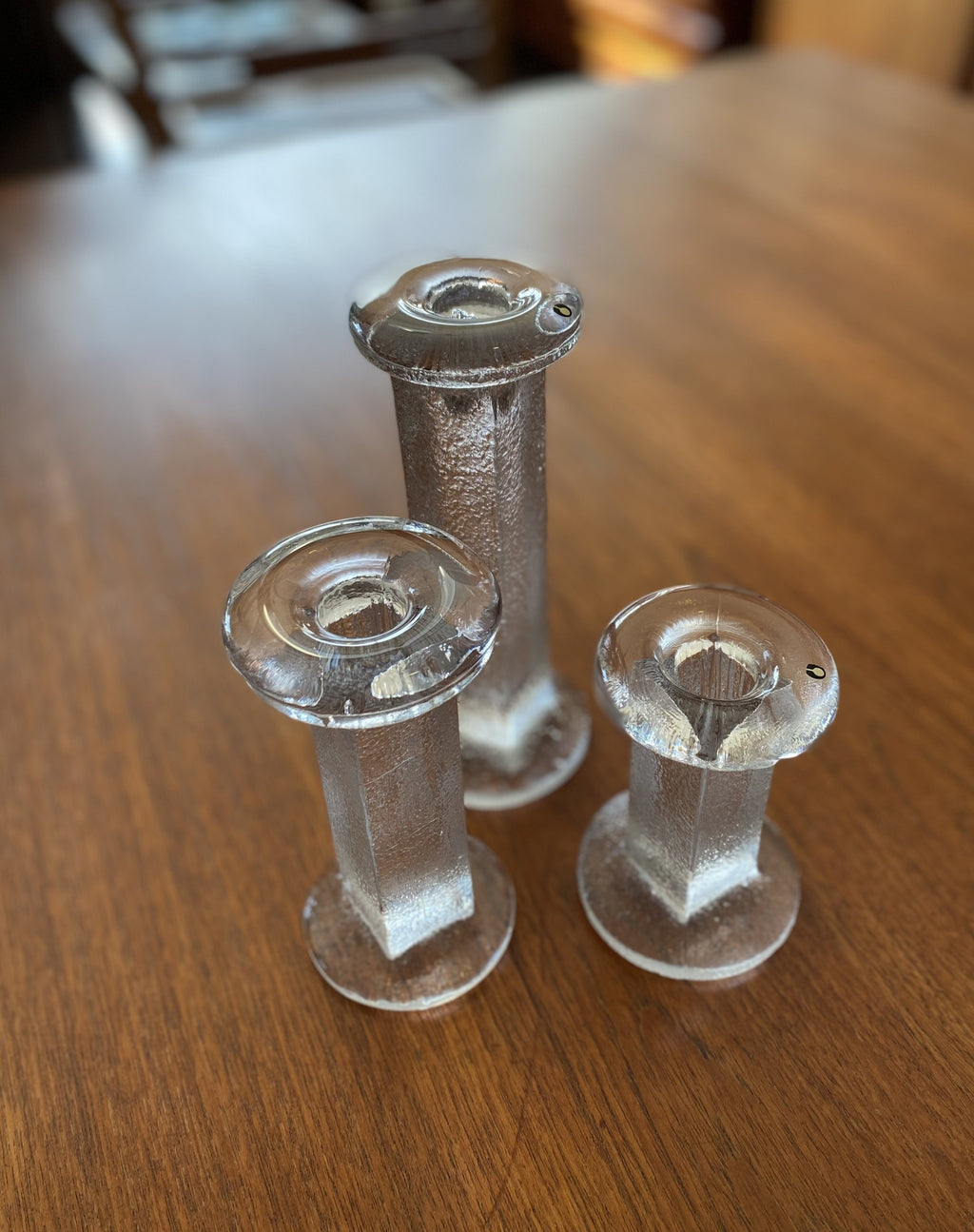 Pukeberg Swedish Glass candlesticks on teak table- Cook Street Vintage