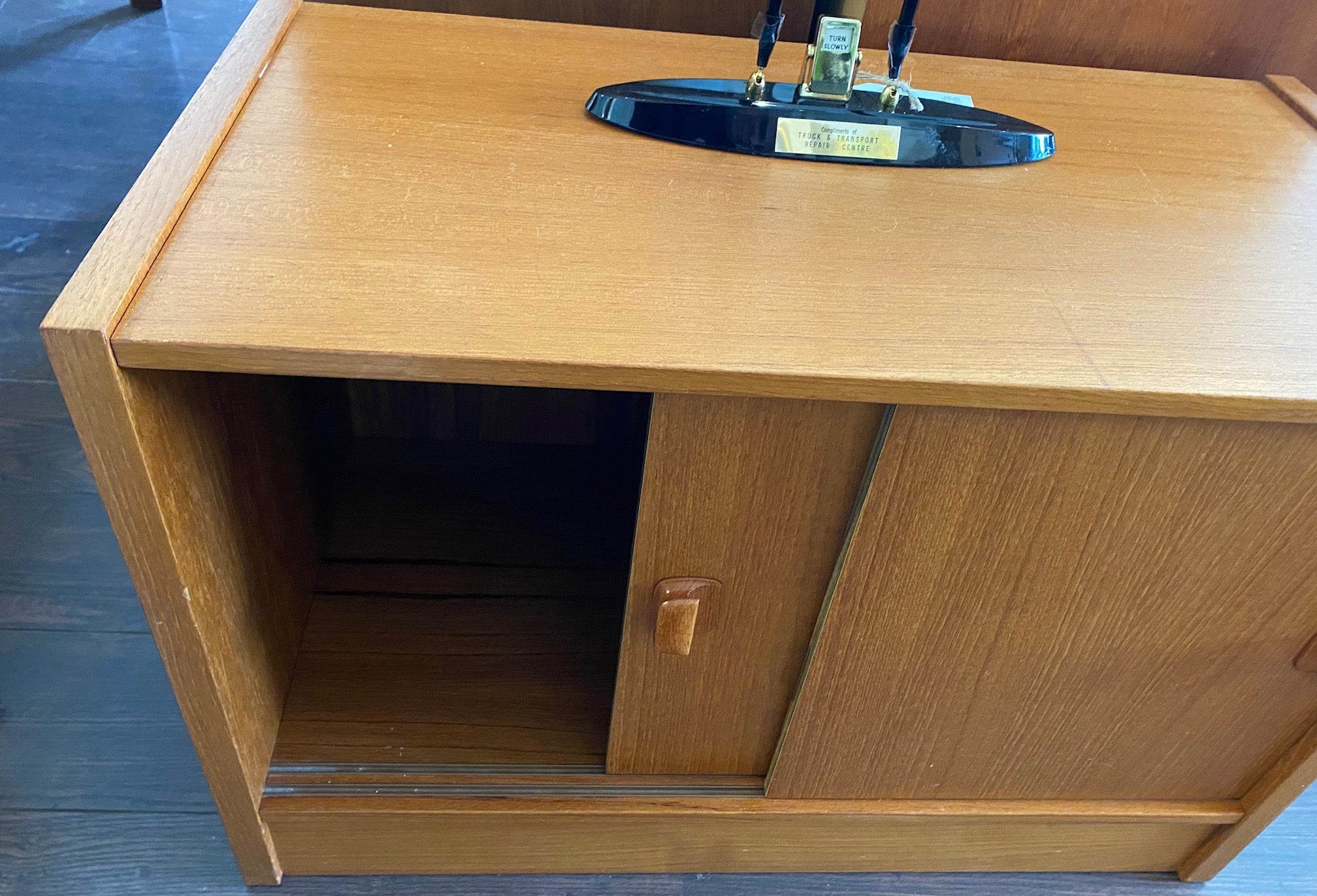 Vintage Teak Vinyl Cabinet with Sliding Doors- Cook Street Vintage