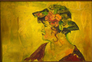 yellow painting of a woman in a broad rimmed hat- Cook Street Vintage