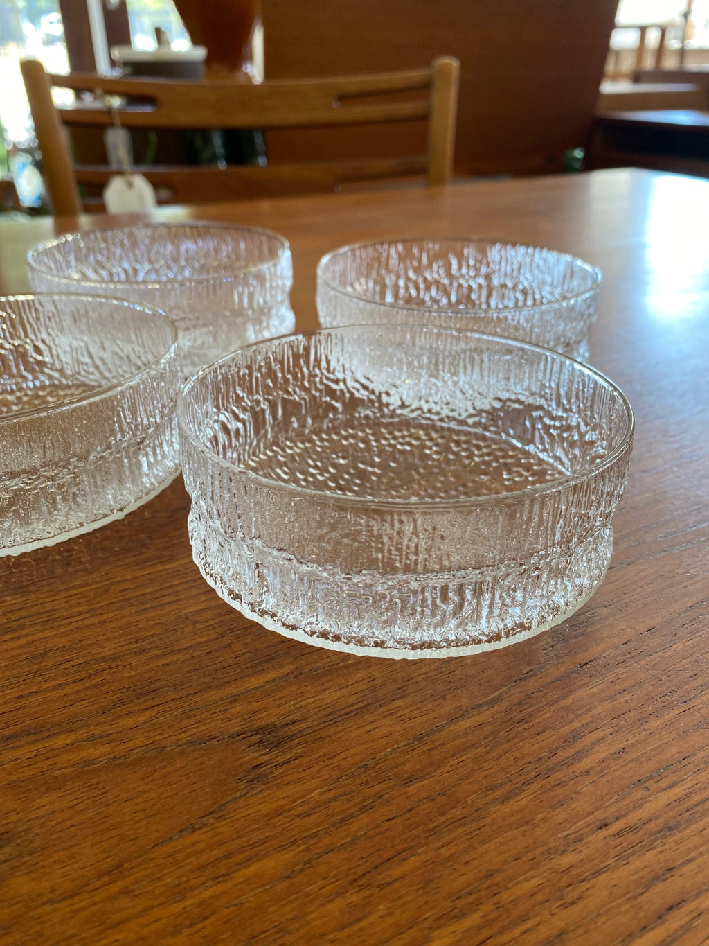 Scandinavian melting glass bowls on teak table- Cook Street Vintage