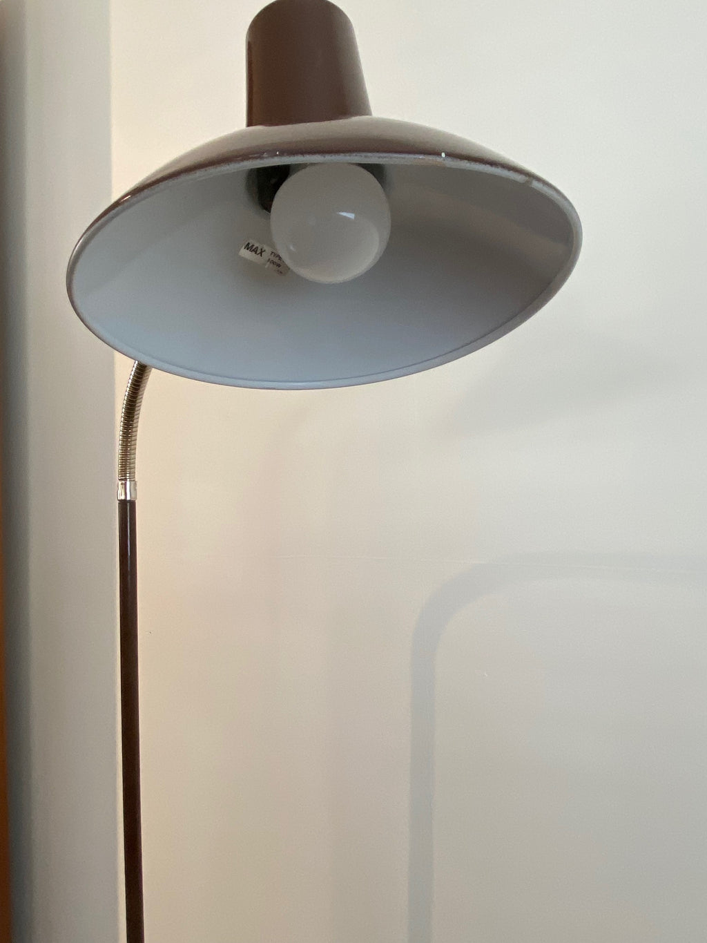 Crescent metal shade interior of brown 1970s gooseneck floor lamp- Cook Street Vintage