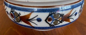 Close up of fish detail on Vintage Canadian Ceramic Casserole by J Herman- Cook Street Vintage