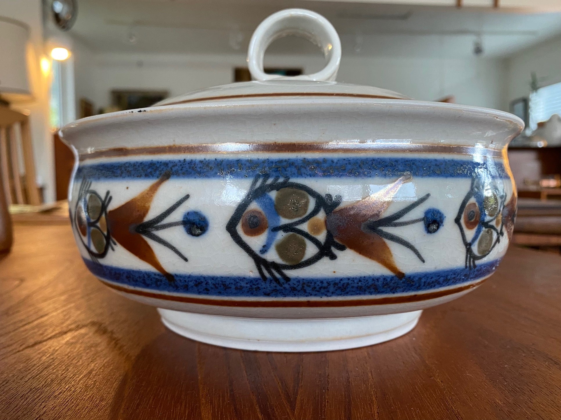 Side view of Vintage Canadian Ceramic Casserole by J Herman- Cook Street Vintage
