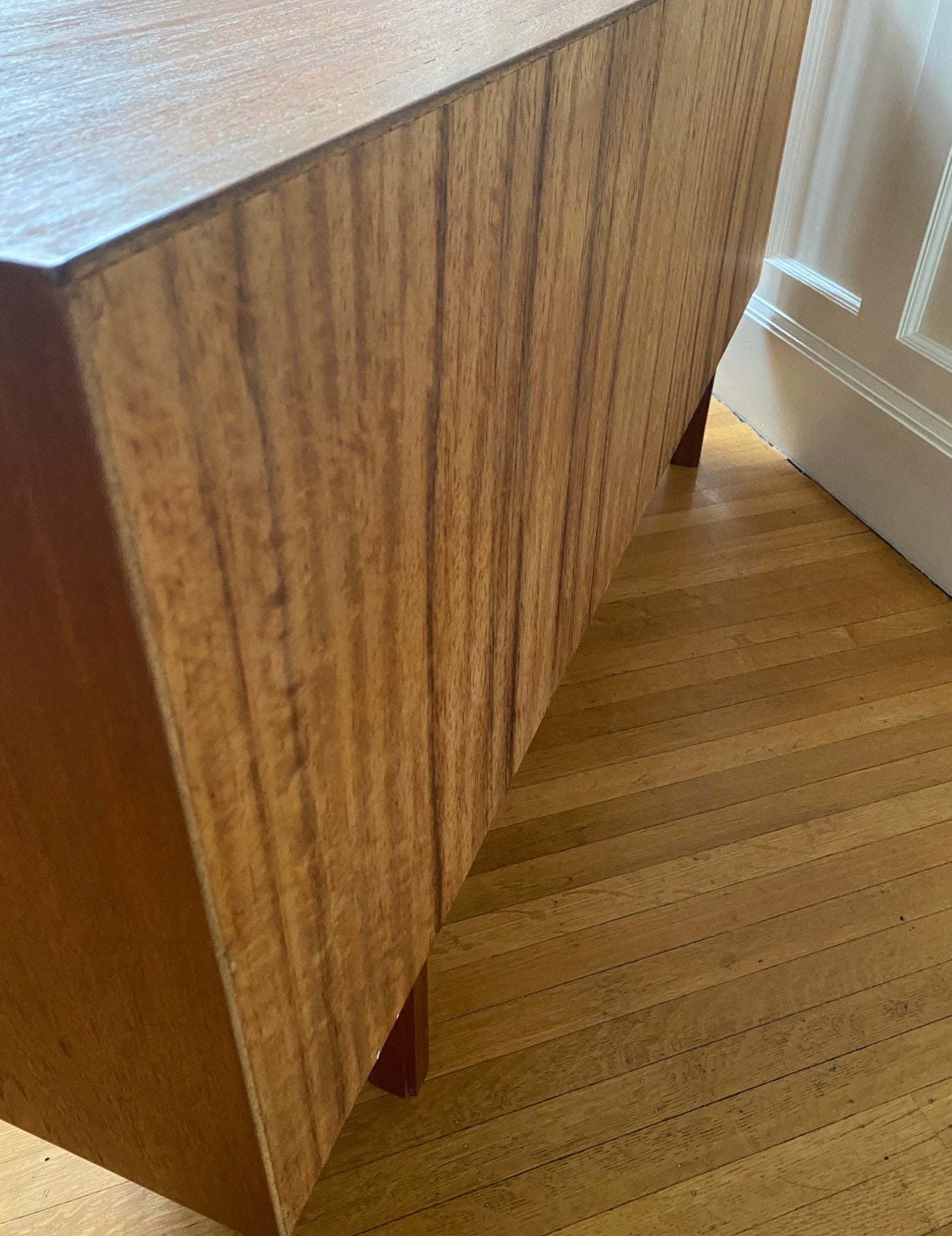 Back of teak low horizontal teak cabinet with sliding glass doors- Cook Street Vintage