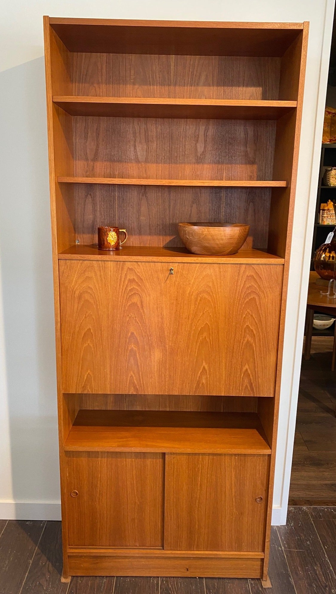 Danish teak shelving with bar- Cook Street Vintage