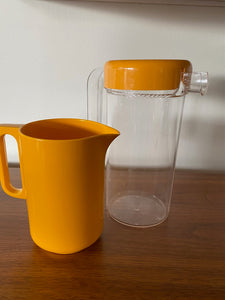 Clear acrylic jug with yellow opaque lid by Andre Moring and yellow melamine jug by Hutzler- Cook Street Vintage