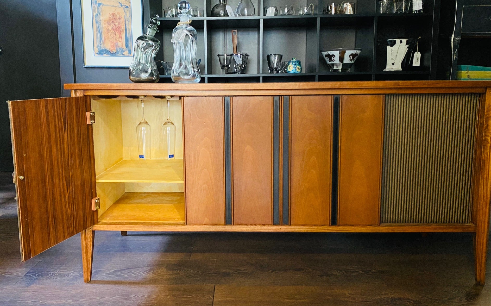 Wine glass cabinet in stereo console bar- Cook Street Vintage