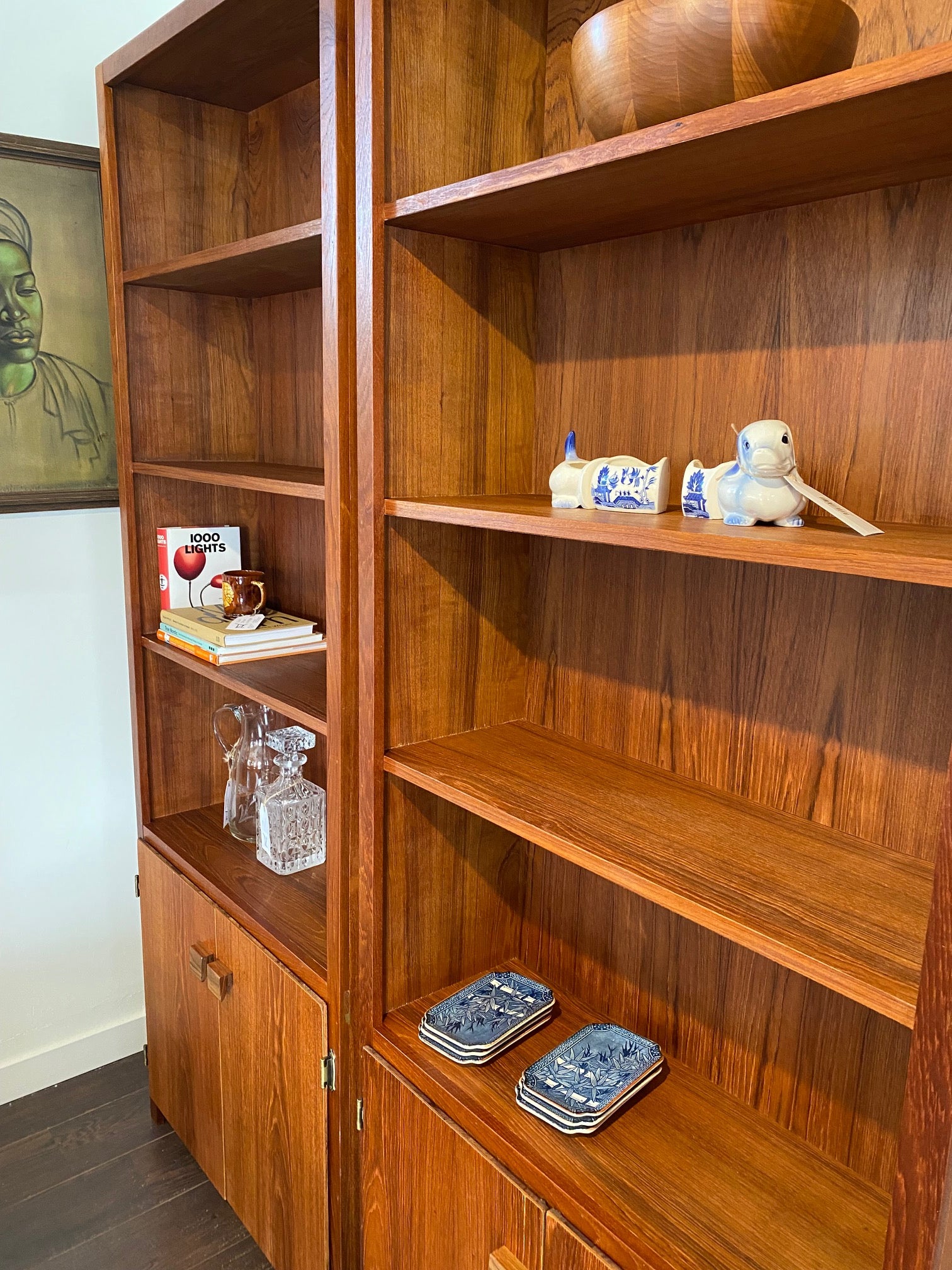Matching teak bookshelves with bottom cabinets- Cook Street Vintage