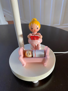 Irmi midcentury hand painted baby lamp mother reading to baby in pink cradle-Cook Street Vintage