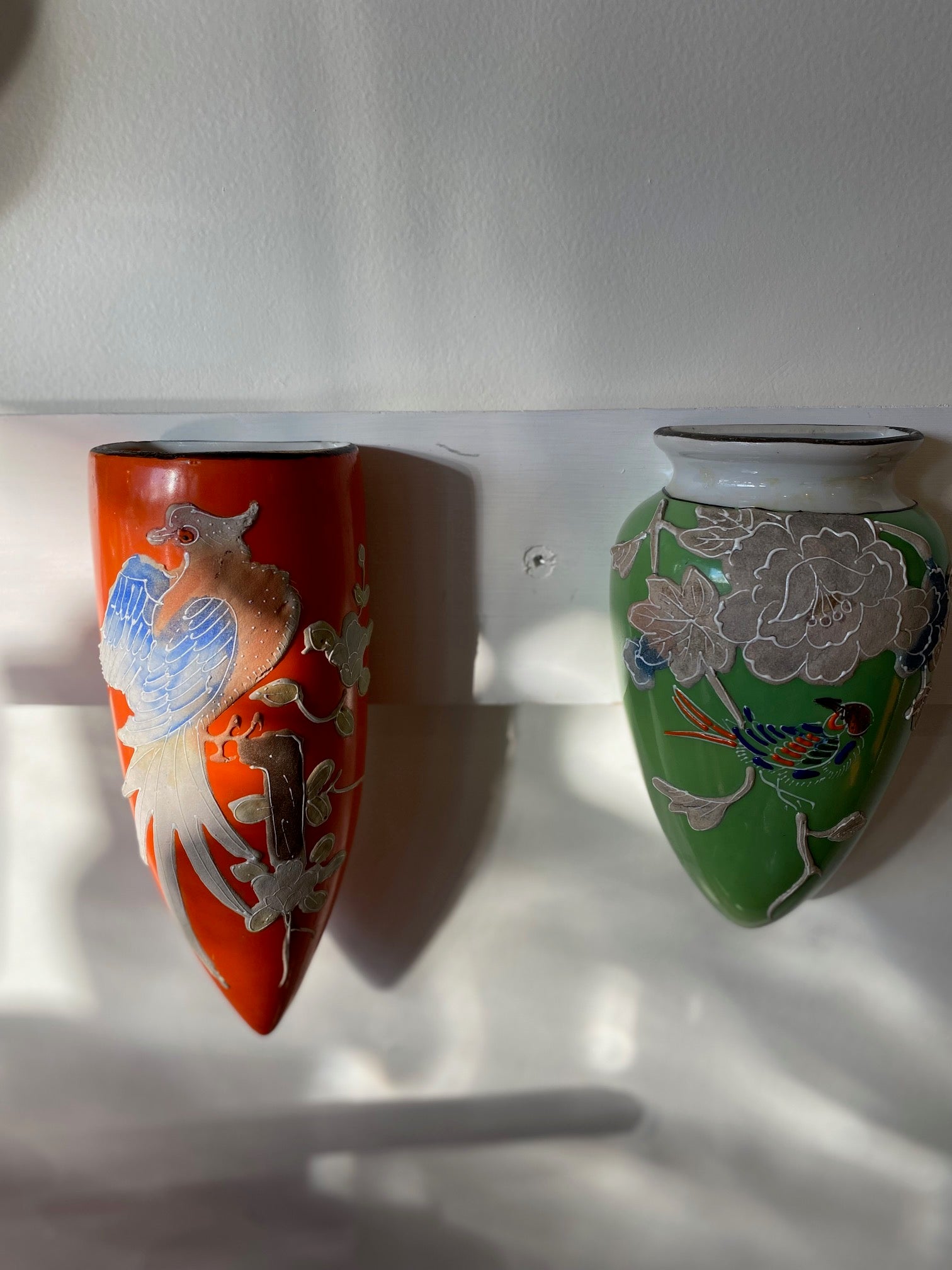 pair of Japnese pocket wall vases in orange and green- Cook Street Vintage