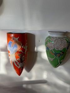 pair of Japnese pocket wall vases in orange and green- Cook Street Vintage