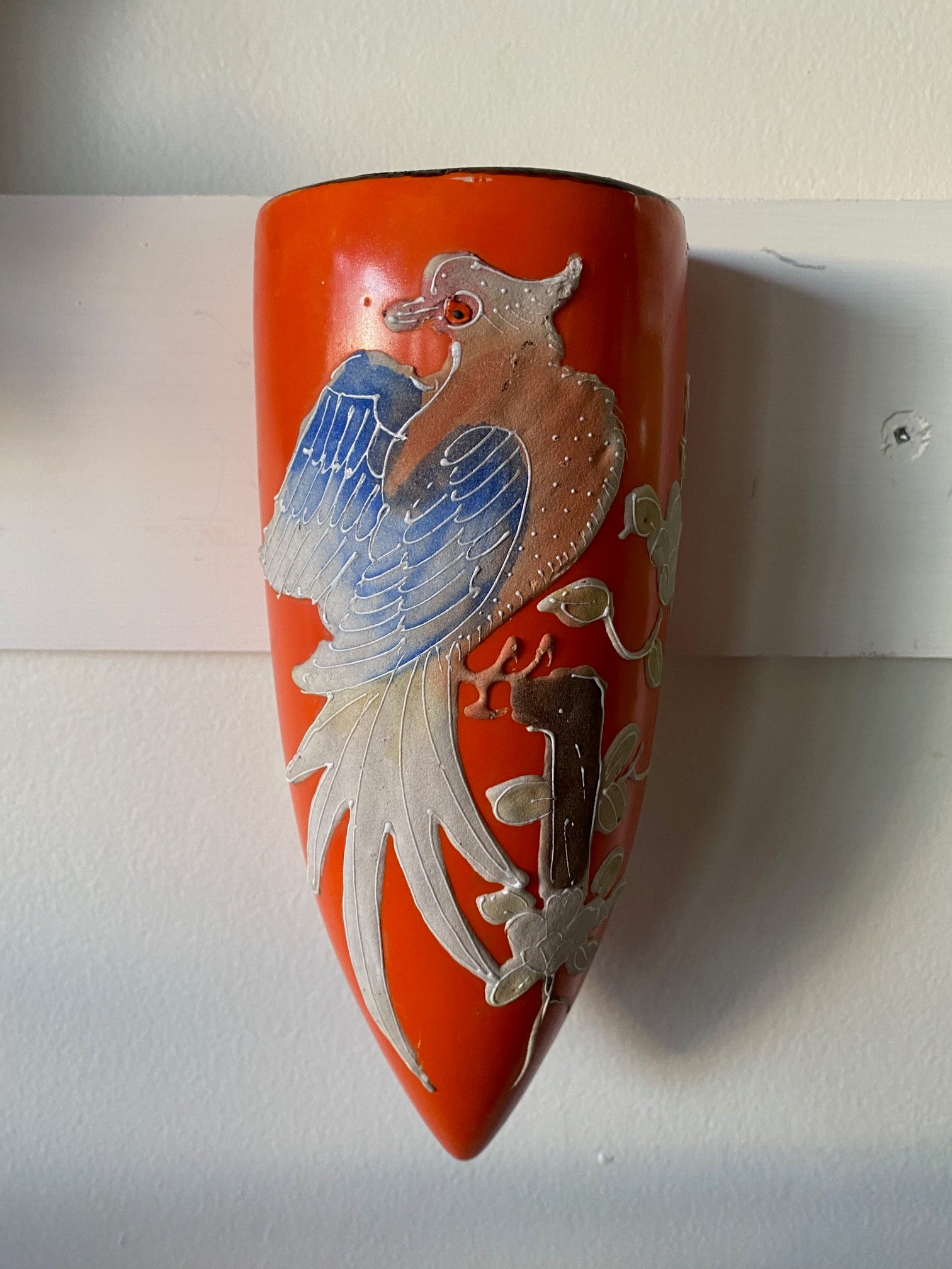 Bright Orange Japanese Pocket Vase with Exotic Bird- Cook Street Vintage