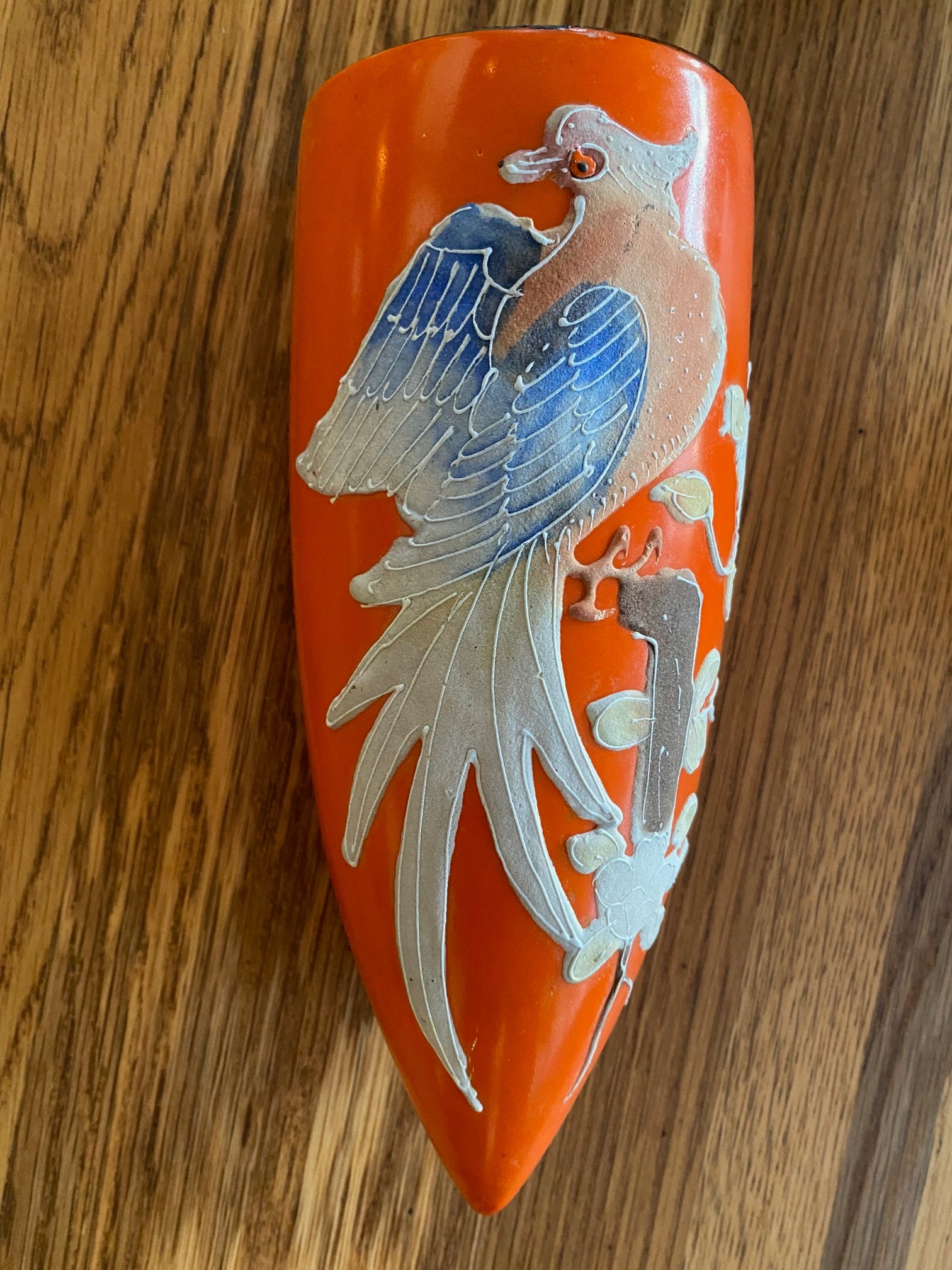 Bright Orange Japanese Pocket Vase with Exotic Bird- Cook Street Vintage