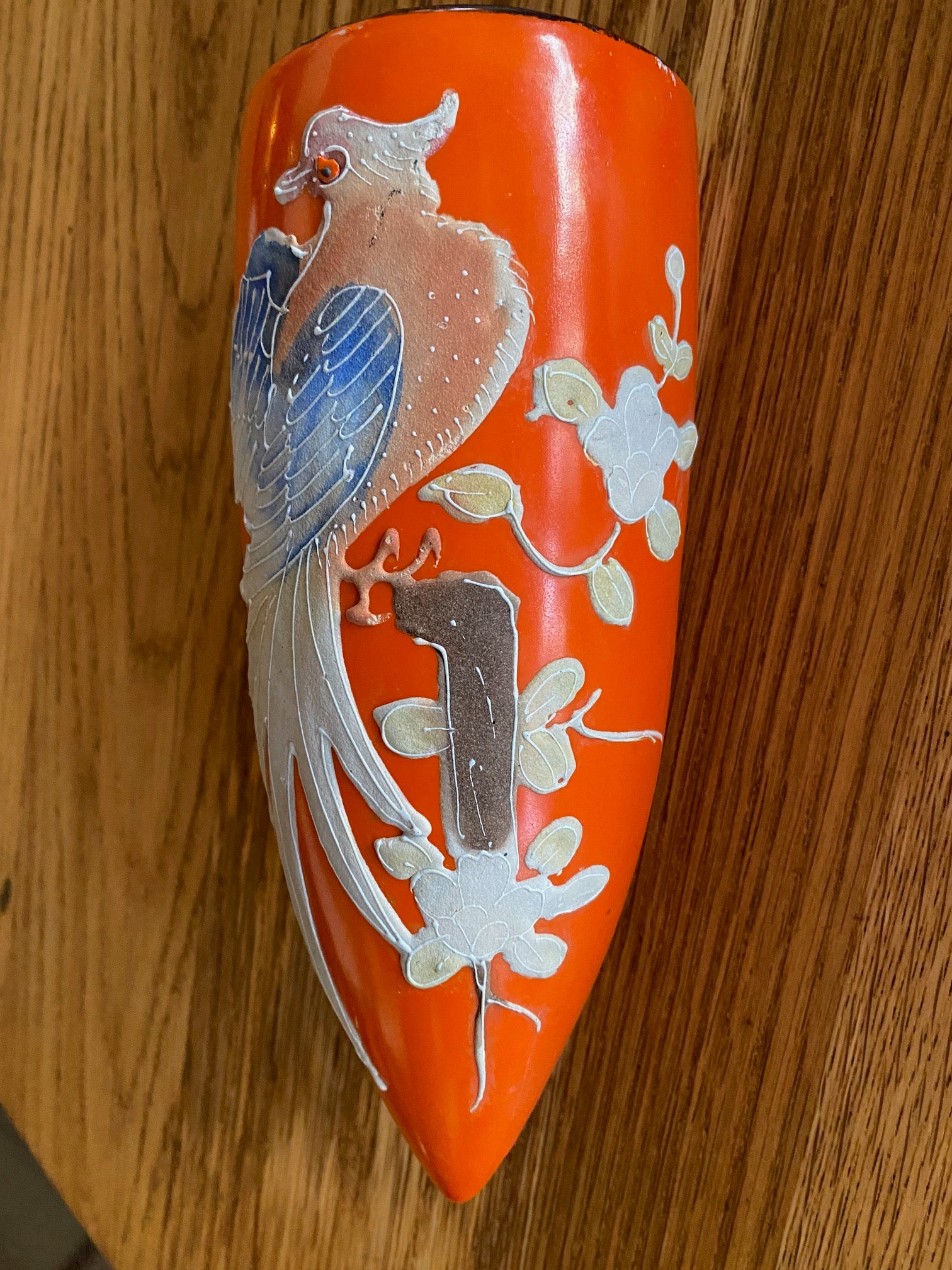 Bright Orange Japanese Pocket Vase with Exotic Bird- Cook Street Vintage