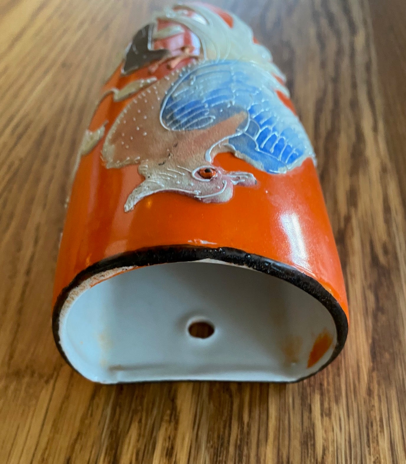 Top View of Bright Orange Japanese Pocket Vase with Exotic Bird- Cook Street Vintage