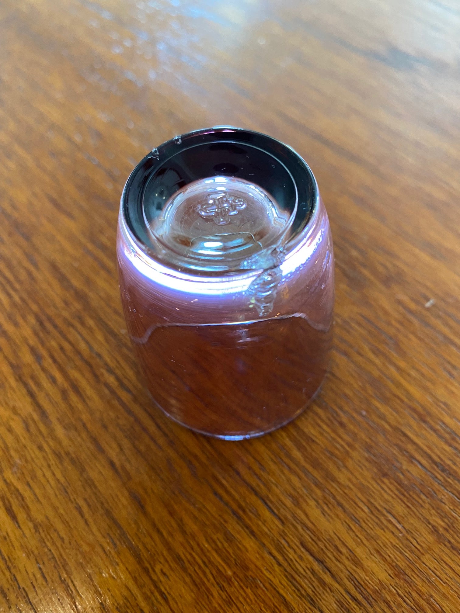 Detail of chip on purple shot glass of MCM Rurhglas shot glass set- Cook Street Vintage