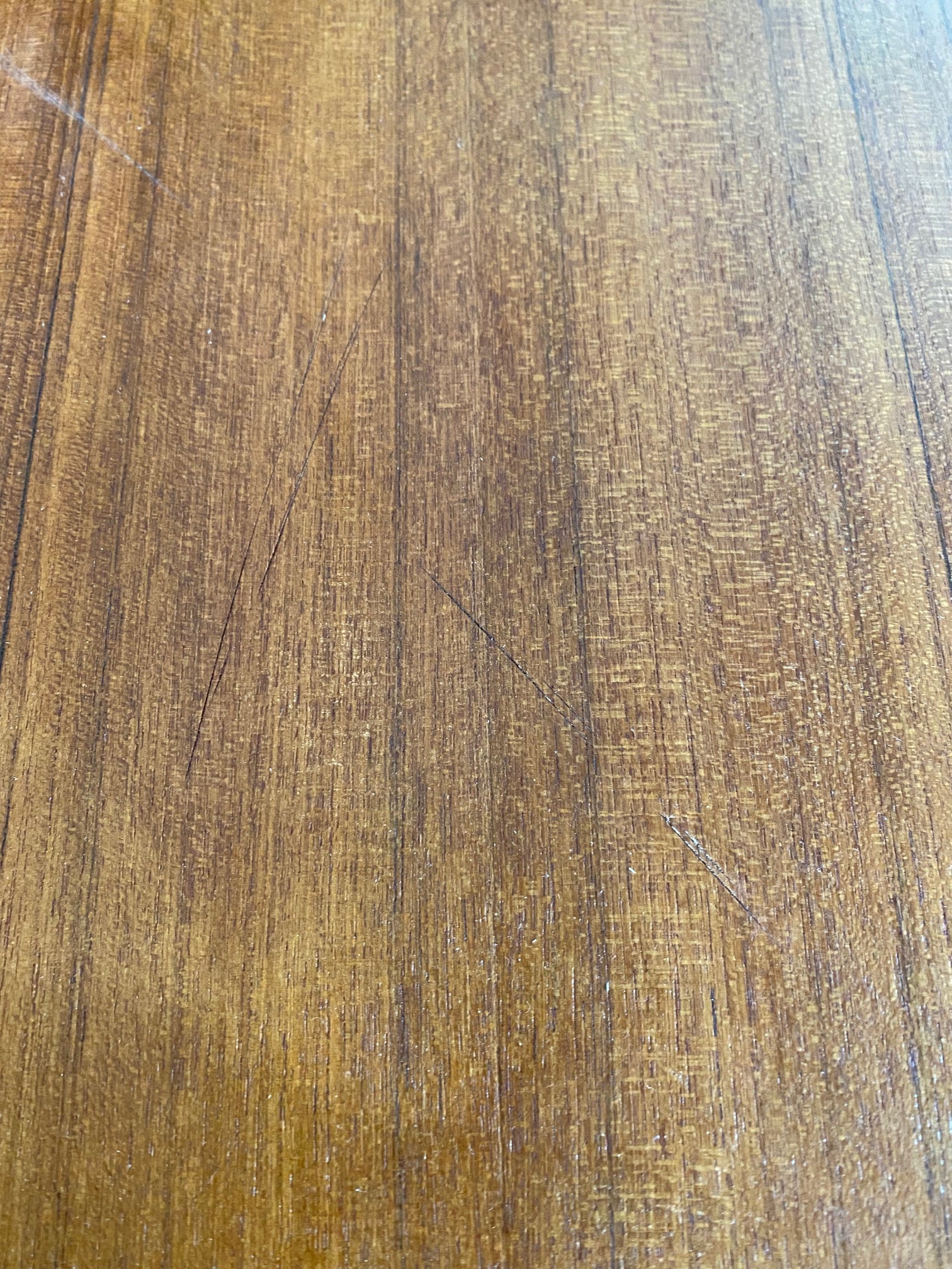 Close up of wear on large vintage round teak tray- Cook Street Vintage