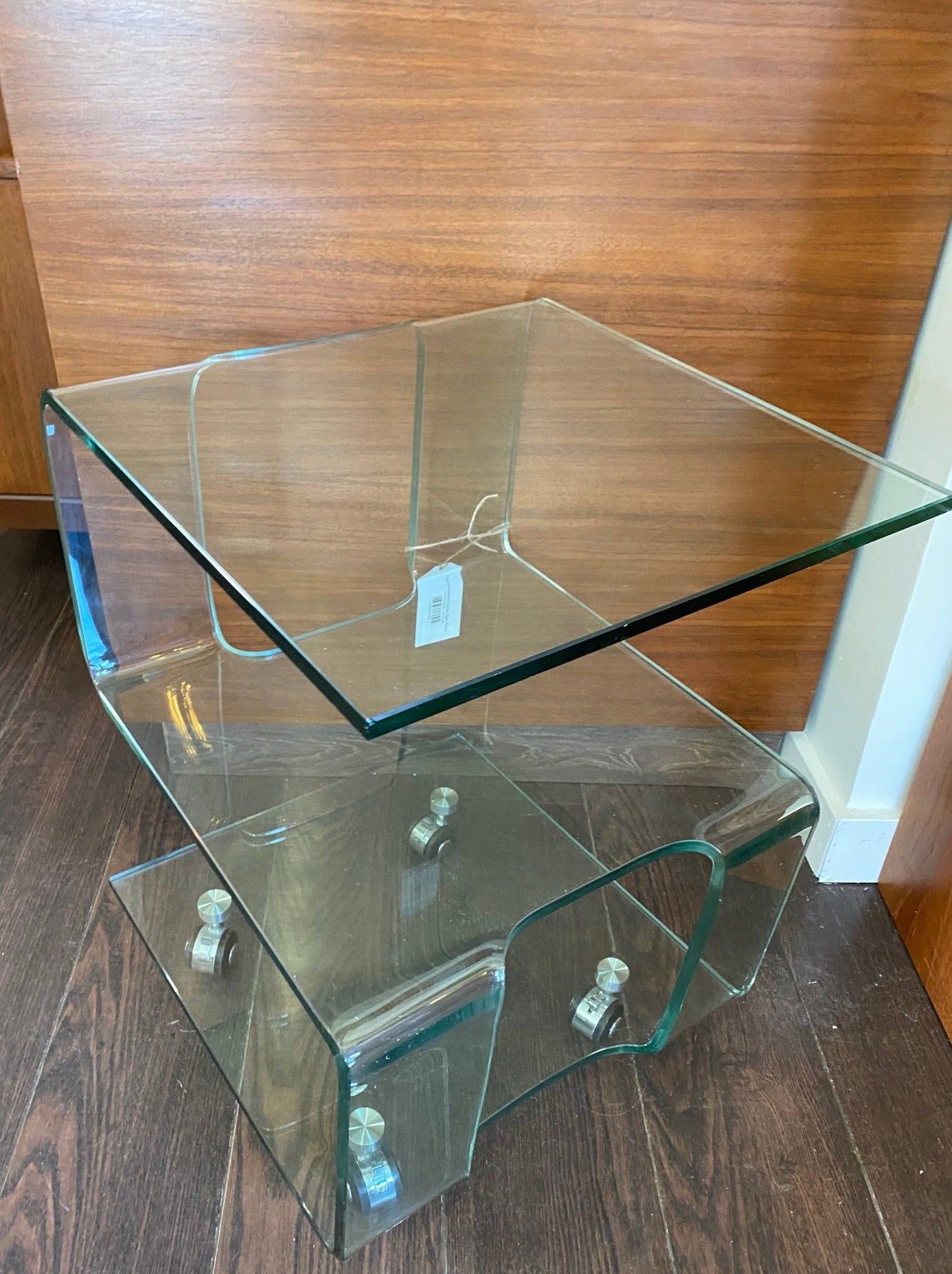 Front view of modern design tempered glass side table- Cook Street Vintage