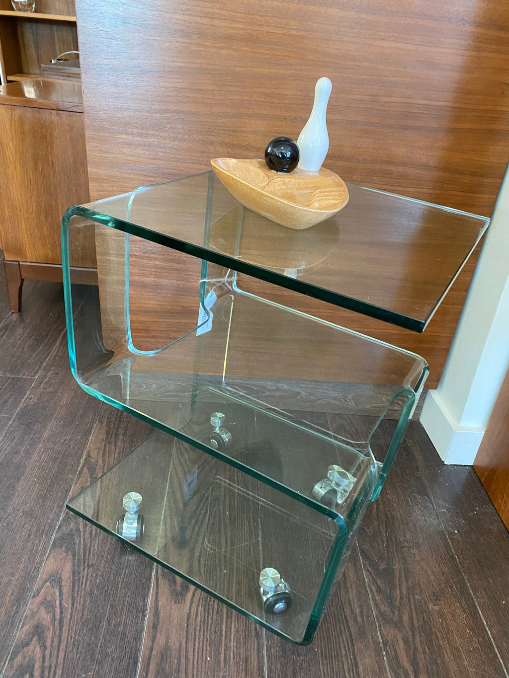 Modern tempered glass side table- Cook Street Vintage