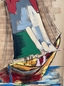 Boat in green, red blue and browns Mid-Century Abstract Junk By L Korvacs circa 1964- Cook Street Vintage
