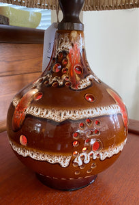 Brown and white MCM Maurice Chalvignac drip glaze table lamp with pierced lit base. Lamp can be lit three ways. Made in Canada -Cook Street Vintage