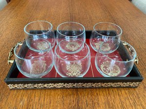 Design Phillipp tray of 6 crystal whisky 4 ounce cocktail glasses designed by Appointment to the Royal Swedish Court. Rounded bottom so nice to hold and sip from. Lovely leatherette handled tray lined in Swedish red and gold.-Cook Street Vintage