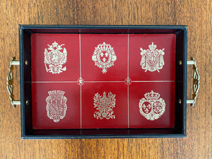 Design Phillipp tray of 6 crystal whisky 4 ounce cocktail glasses designed by Appointment to the Royal Swedish Court. Rounded bottom so nice to hold and sip from. Lovely leatherette handled tray lined in Swedish red and gold.-Cook Street Vintage