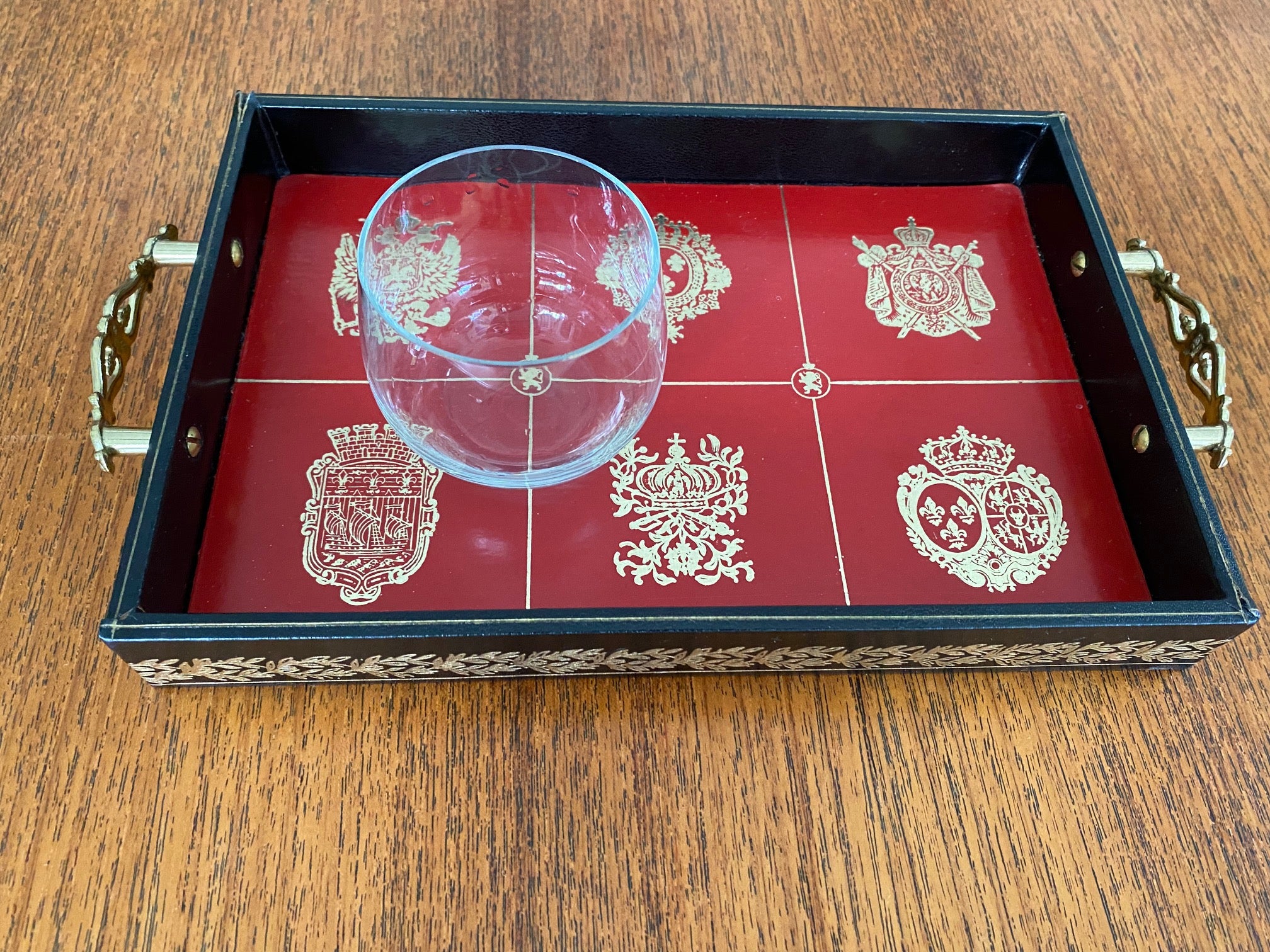 Design Phillipp tray of 6 crystal whisky 4 ounce cocktail glasses designed by Appointment to the Royal Swedish Court. Rounded bottom so nice to hold and sip from. Lovely leatherette handled tray lined in Swedish red and gold-Cook Street Vintage