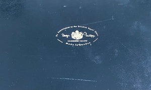 logo for Design Phillipp tray of 6 crystal whisky 4 ounce cocktail glasses designed by Appointment to the Royal Swedish Court. Rounded bottom so nice to hold and sip from. Lovely leatherette handled tray lined in Swedish red and gold- Cook Street Vintage