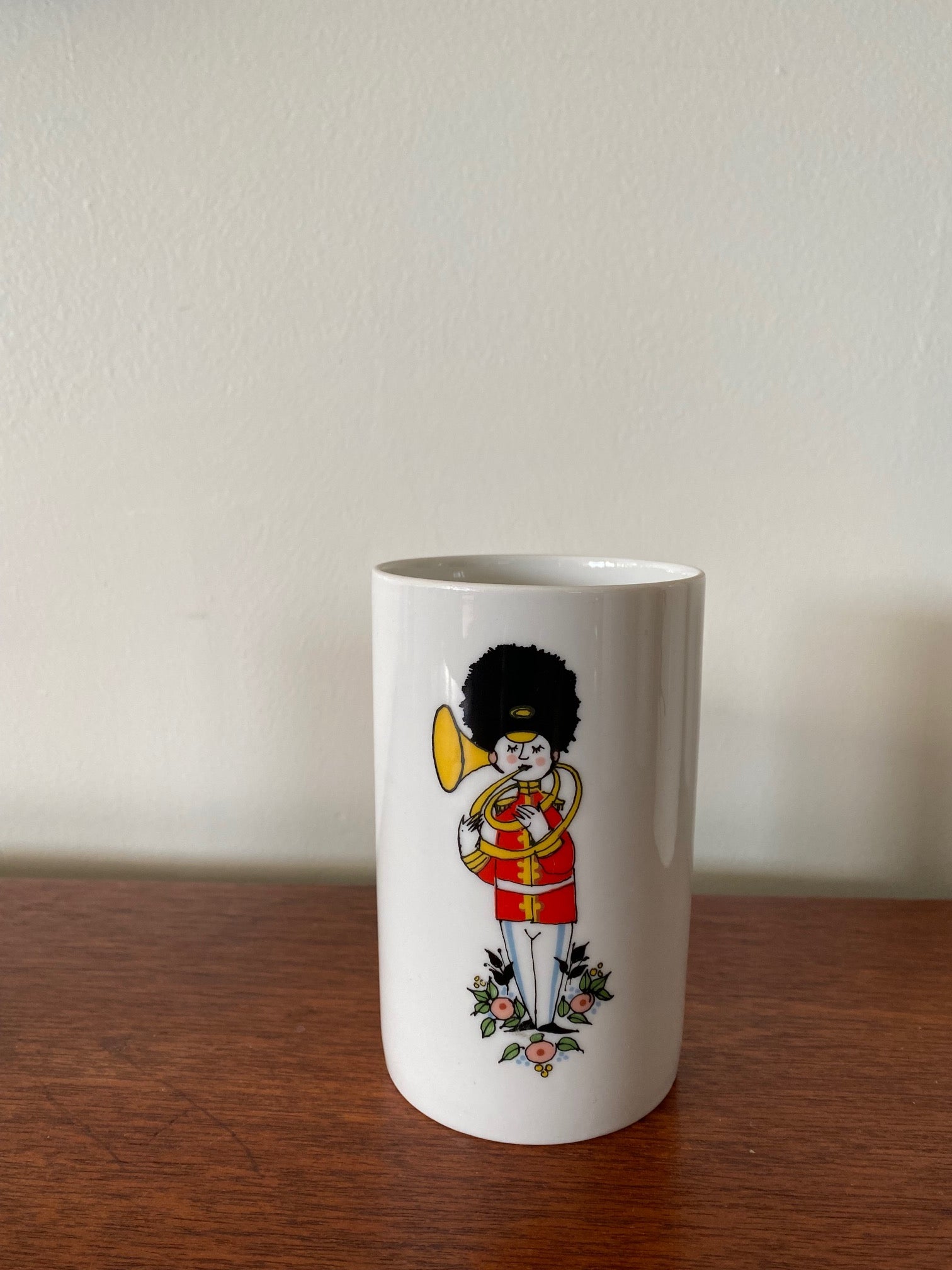 Tuba Player from Rare MCM Thomas Rosenthal tall ceramic pitcher with 5 matching cups. Gorgeous military Royal Guard soldier theme with musical instruments. In beautiful vintage condition. No cracks or chips-Cook Street Vintage