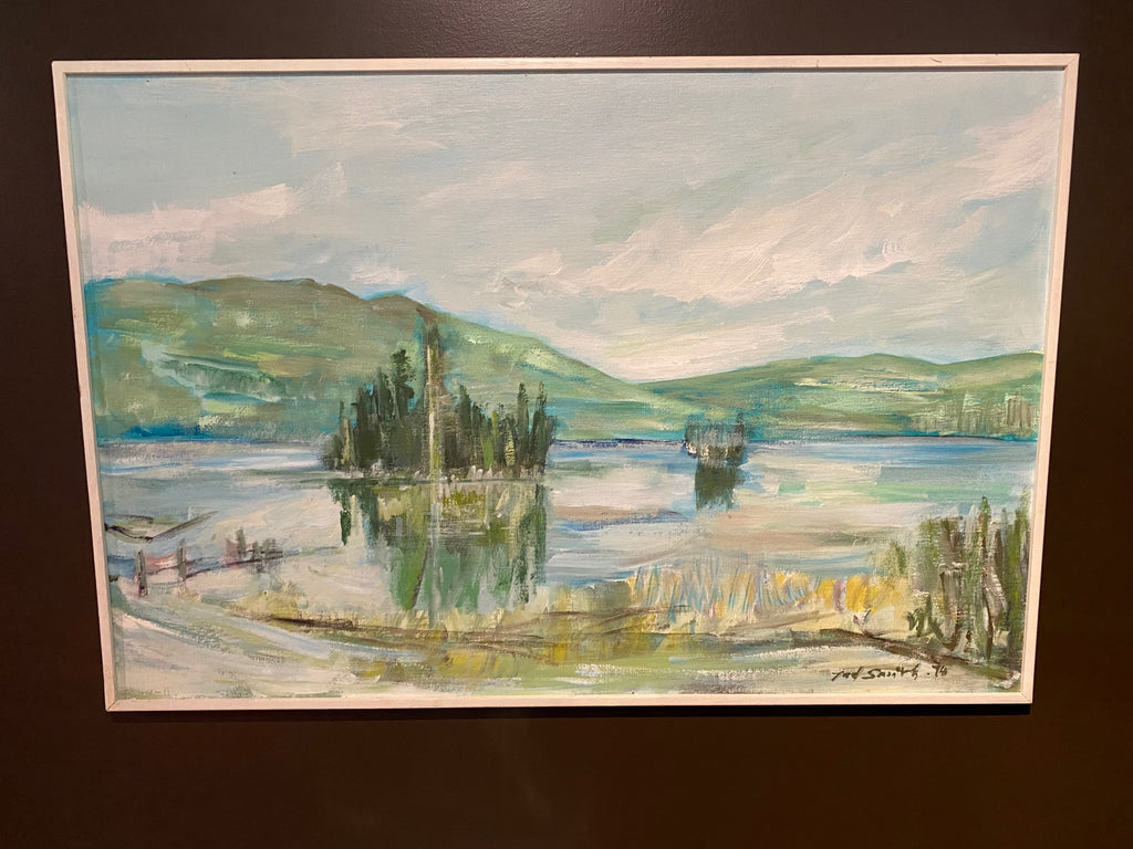 Rustic lake scene in oil on board- Cook Street Vintage