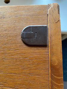 Damage to top of edge on Danish cabinet with glass doors and bottom shelf- Cook Street Vintage