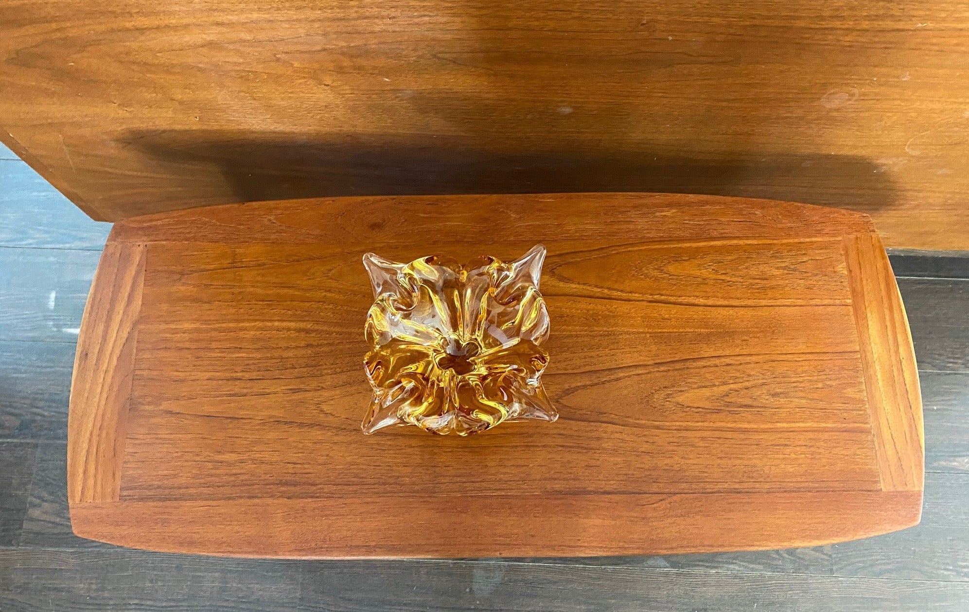 Top View of small teak coffee table- Cook Street Vintage