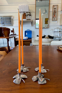 Gorgeous silver plate clover shaped candle holders. Made in Norway. Marked Nysolv 60 GR H- Cook Street Vintage