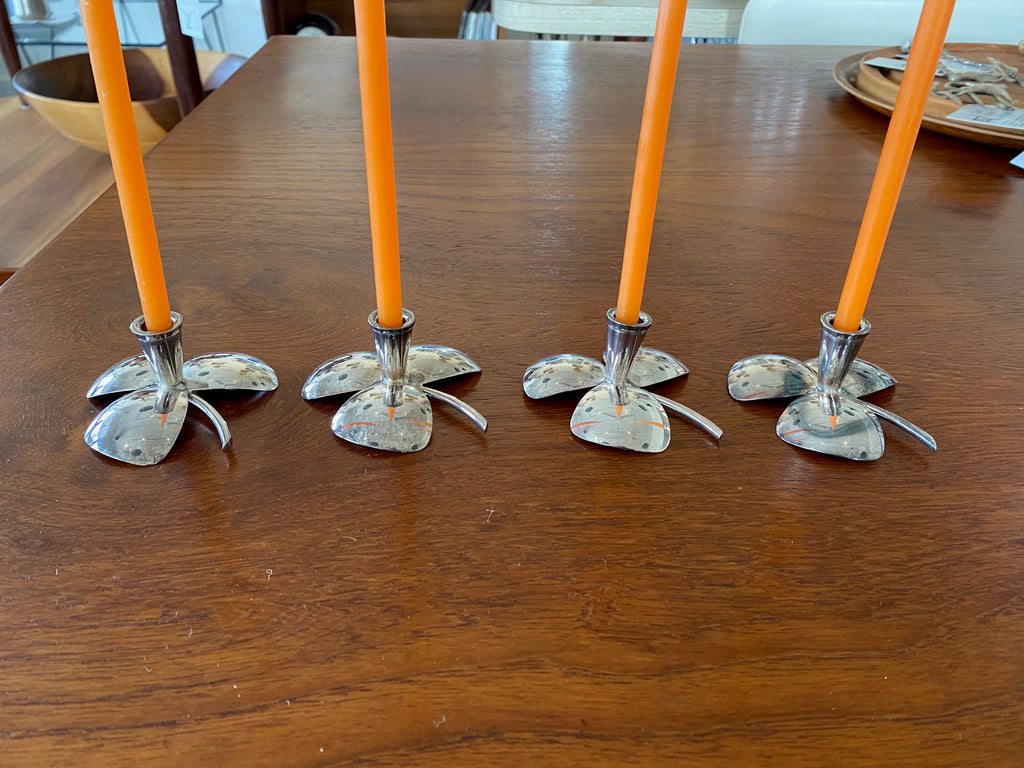 Gorgeous silver plate clover shaped candle holders. Made in Norway. Marked Nysolv 60 GR H- Cook Street Vintage