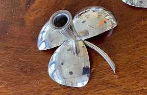 Gorgeous silver plate clover shaped candle holders. Made in Norway. Marked Nysolv 60 GR H- Cook Street Vintage