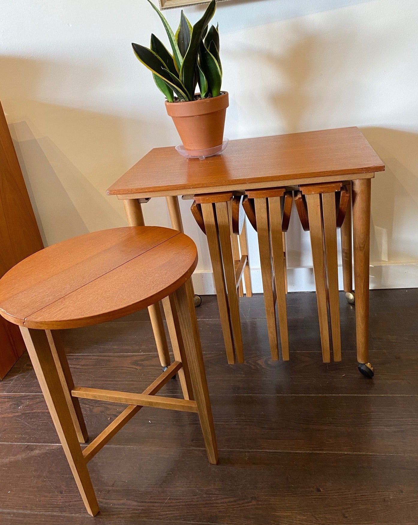 Midcentury teak and beech side table with 4 nesting tables- Cook Street Vintage