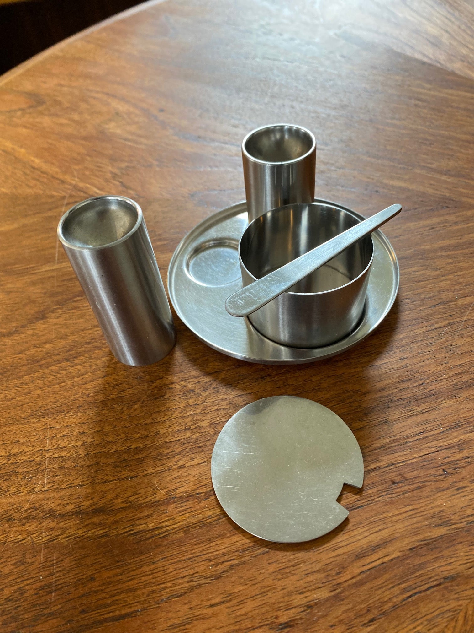 Arne Jacobsen Lauffer Danish Condiment Set with Mustard Pot, spreader and salt and pepper shakers-Cook Street Vintage