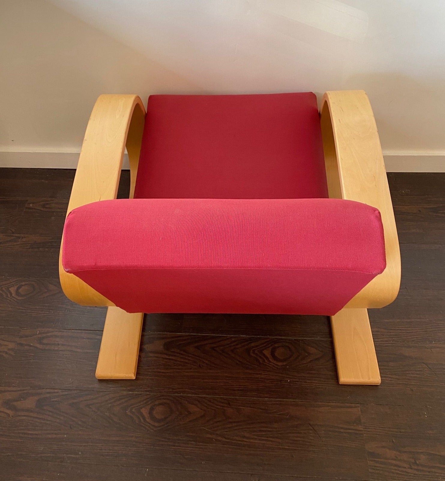 Fabulous Artek Tank chair in red upholstery. Designed by Finnish designer Alvar Aalto in 1936 -Cook Street Vintage