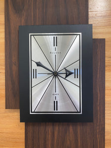 Face of MCM Bulova quartz wall clock with matt black and faux wood- Cook Street Vintage