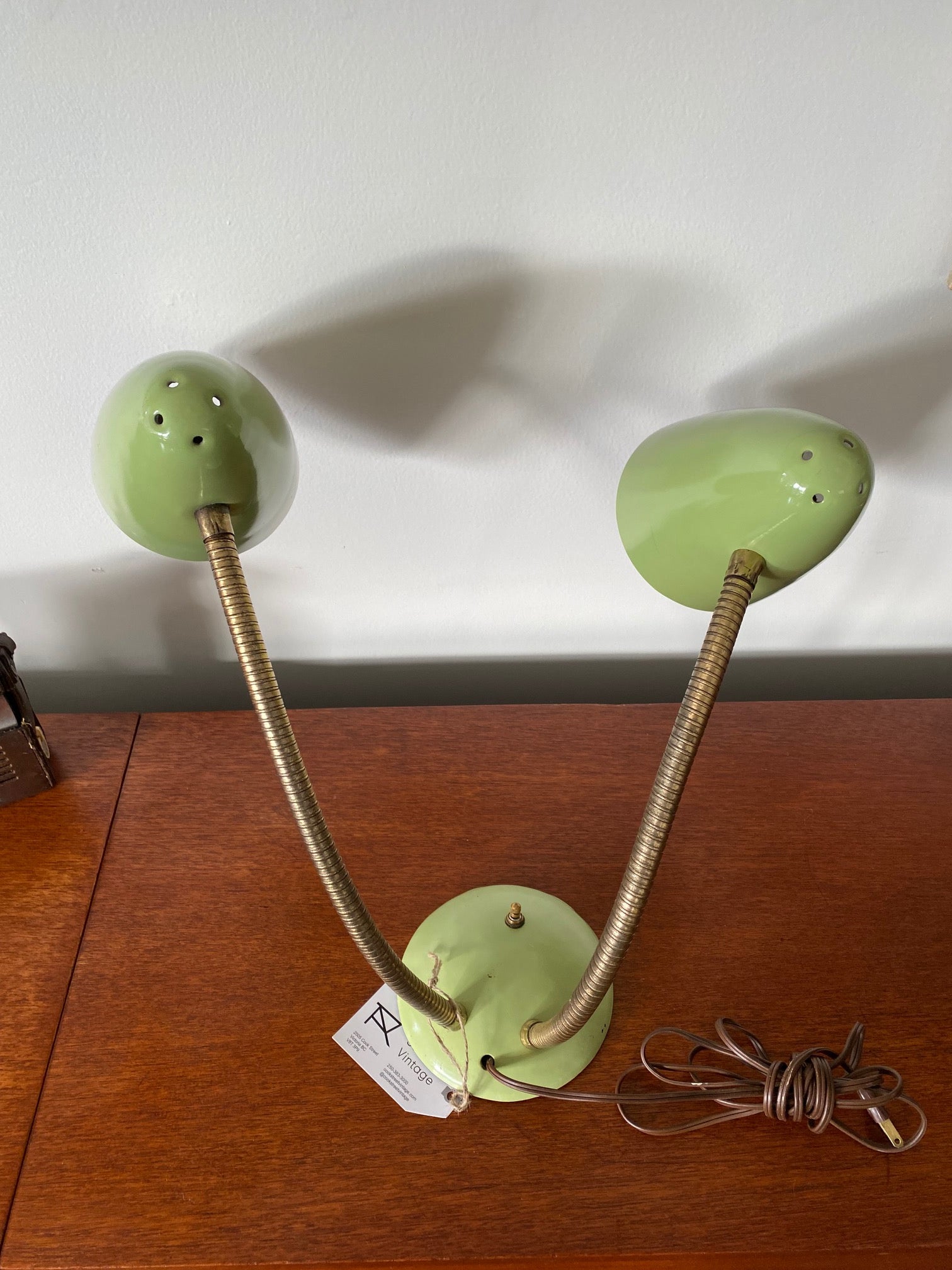 Back of 1950s Avocado Green Goose Neck Desk Lamp- Cook Street Vintage