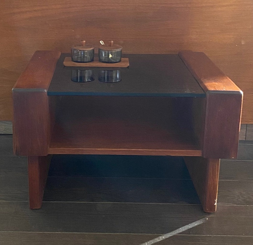 Heavy rosewood table with smoke glass- Cook Street Vintage