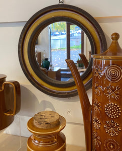 1970s round vintage mirror with brown and gold enamel frame- Cook Street Vintage