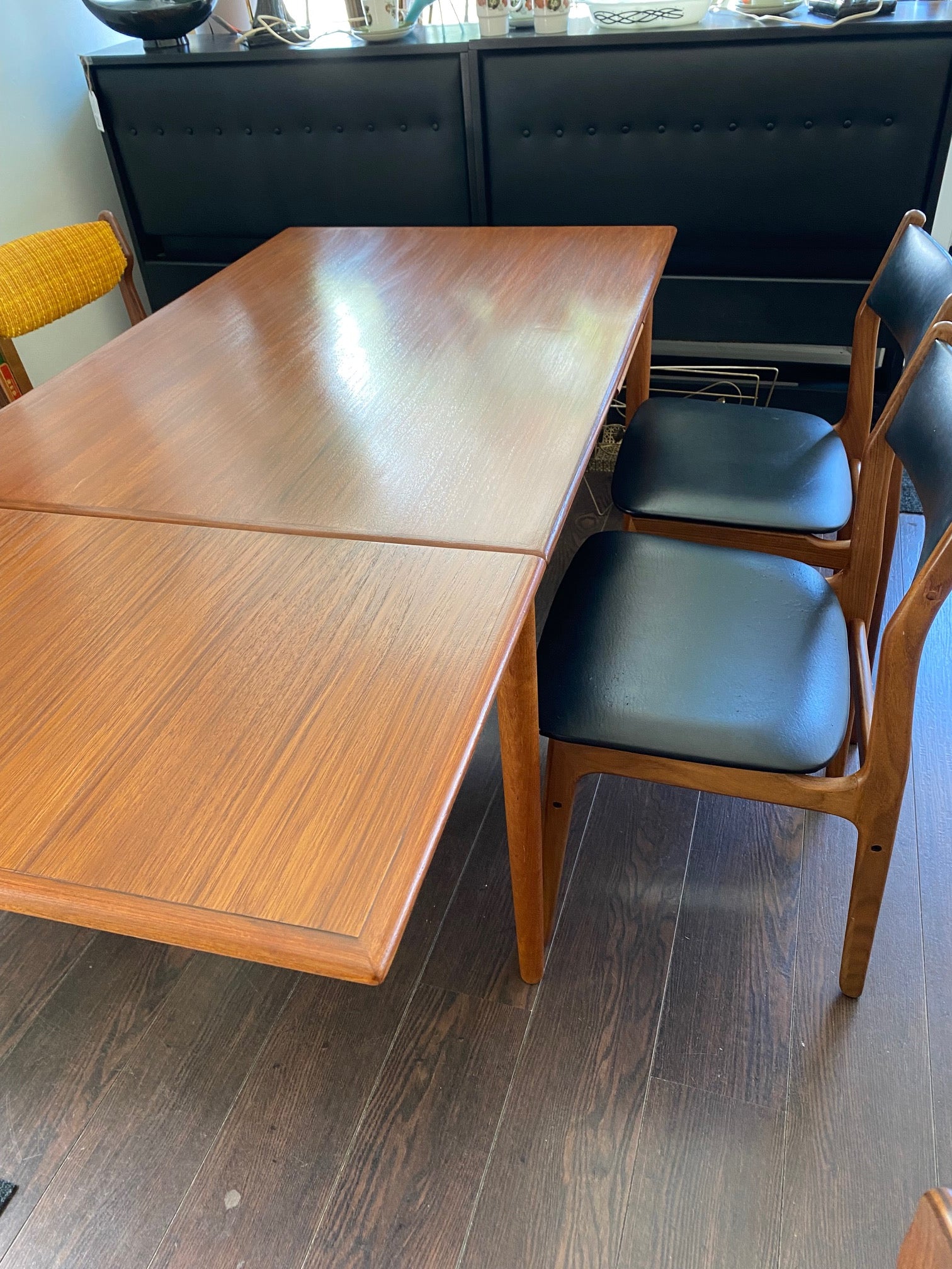 Danish MCM Teak Dining Table with one leaf drawn- Cook Street Vintage